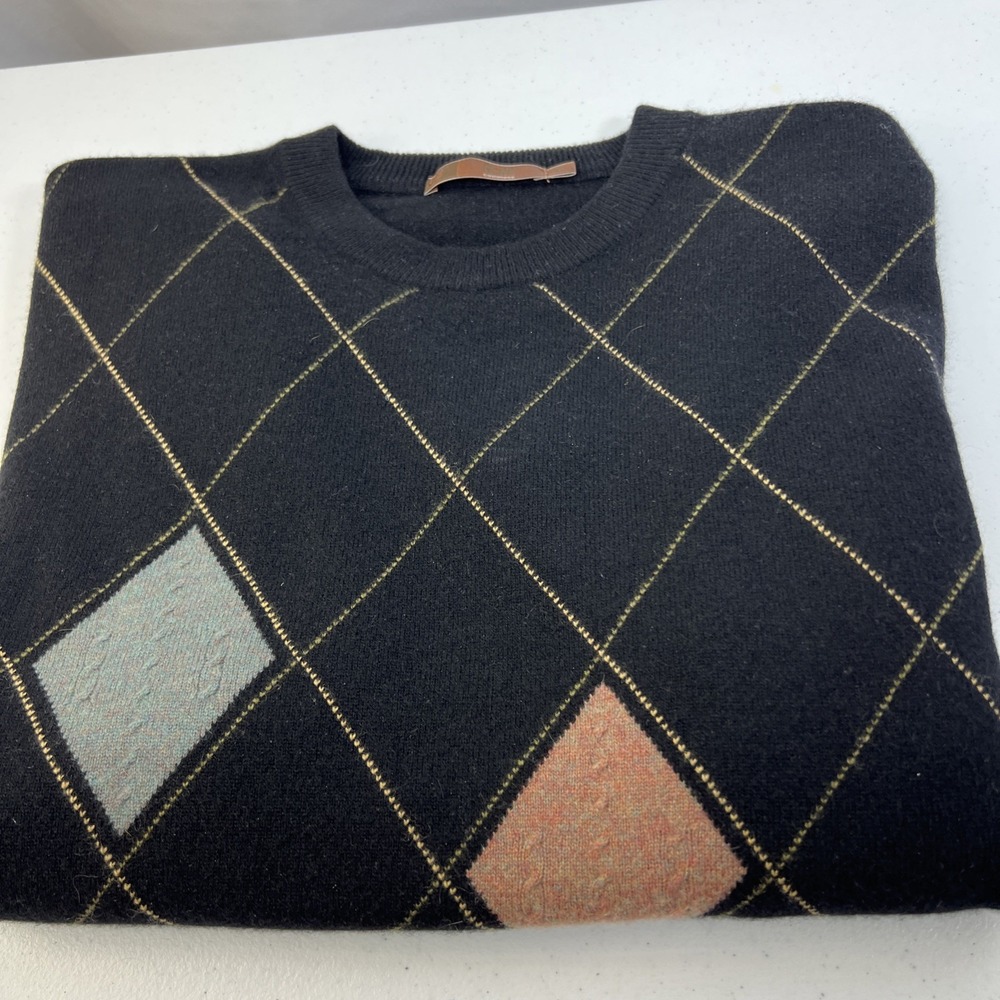 Raffi Men's 100% Cashmere Black Argyle Pullover Preppy Sweater Size XL‎